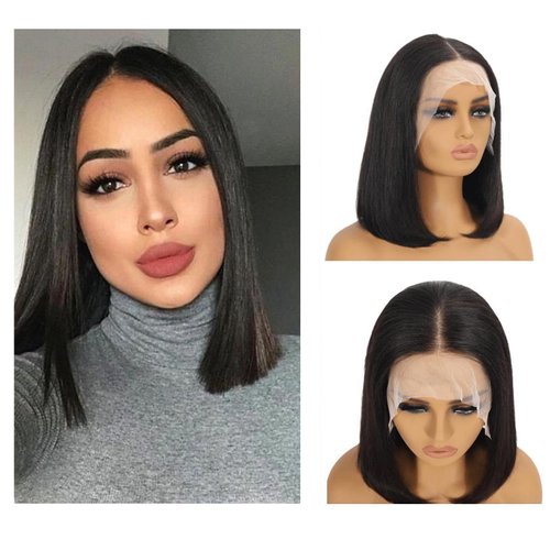 Black Bob Wig Human Hair 13x4 Bob Lace Front Wig 180% Density Glueless Wigs Human Hair Pre Plucked 13x4 Lace Frontal Blunt Cut Wig Straight Human Hair Bob Wigs for Black Women 14 inch