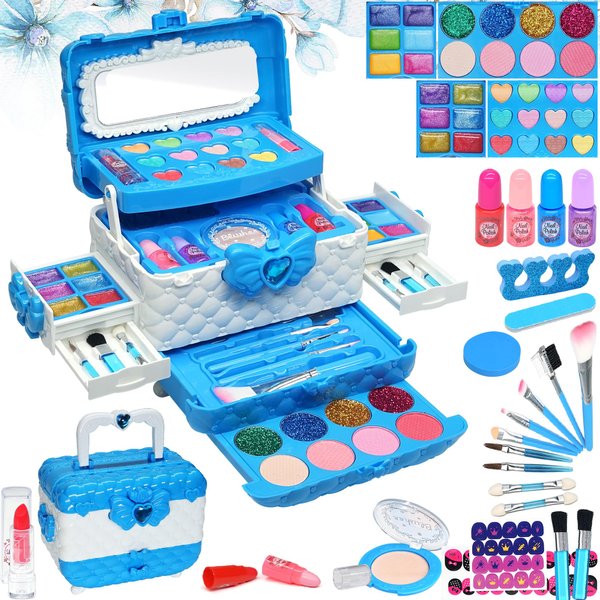 Kids Makeup Toys for Girls - Safe and Washable Makeup for Kids, Kids Makeup Kit for Girl, Real Girls Makeup Kit for Kids Toddler, Princess Birthday Gifts for 4 5 6 7 8 9 Year Old Girls Gift (Blue)