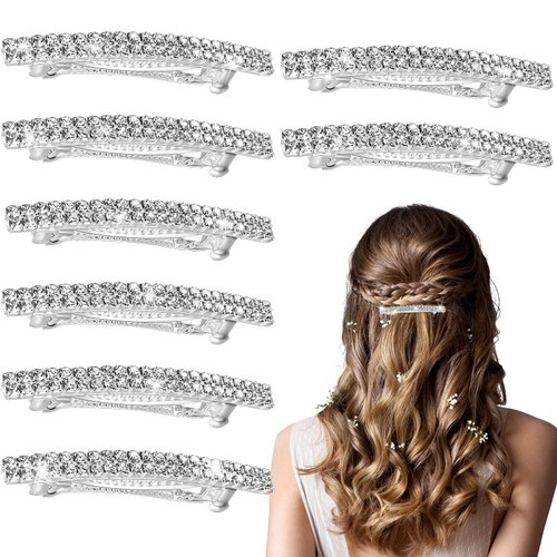 8 Pieces Rhinestone Hair Barrettes Bling Silver Hair Clips Metal Spring Hair Grip Clips Two Row Rhinestone Hair Clips Rhinestone Hair Accessories Crystal Ponytail Holder Side Clips for Women Girls