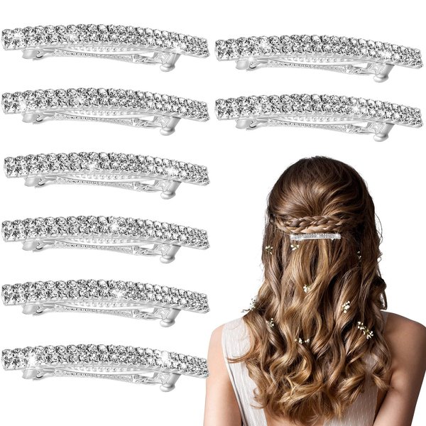 8 Pieces Rhinestone Hair Barrettes Bling Silver Hair Clips Metal Spring Hair Grip Clips Two Row Rhinestone Hair Clips Rhinestone Hair Accessories Crystal Ponytail Holder Side Clips for Women Girls