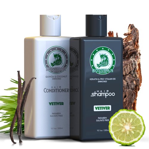 Bossman Hair Shampoo and Conditioner Combo - Hydrating, Strengthening, and Soothing Formula for Men's Hair - Paraben Free & Sulfate Free (Vetiver X)