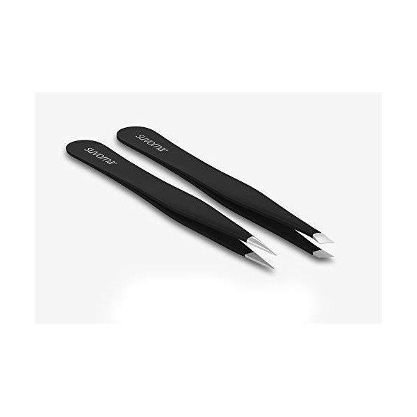 Suvorna 4" Precision Aligned Professional Tweezers Color Sets with Premium Stainless Steel. One Sharp Pointed Pair and One Slant Tip Pair for Eyebrow Shaping. Great for Ingrown Hair (Black)
