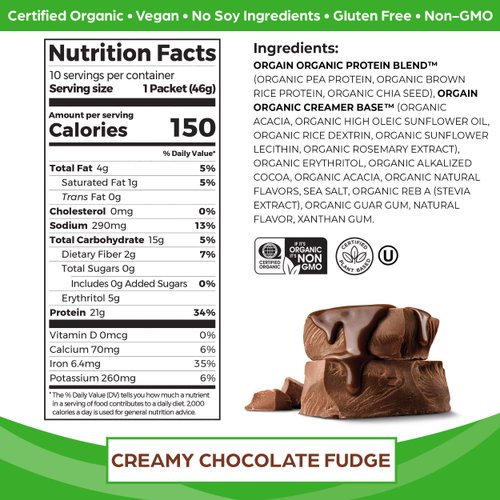 Orgain Organic Vegan Protein Powder, Chocolate Fudge - 21g Plant Based Protein, Gluten Free, Dairy Free, Lactose Free, Soy Free, No Sugar Added, Kosher, For Smoothies & Shakes - 10 Travel Packets