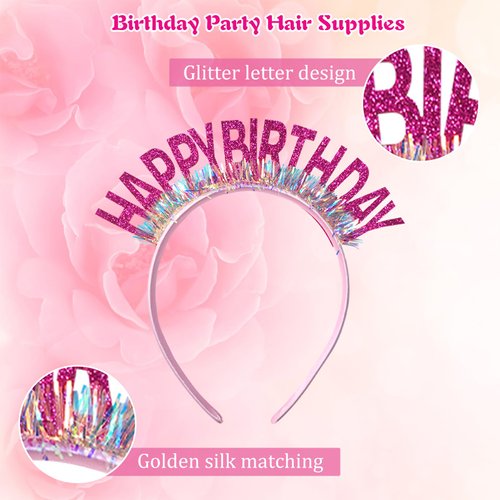 Kunyeah 5Pcs Happy Birthday Girl Headband Glitter Birthday Crown Birthday Tiara Set Birthday Hair Hoop Birthday Party Supplies Hair Accessories for Girl Women