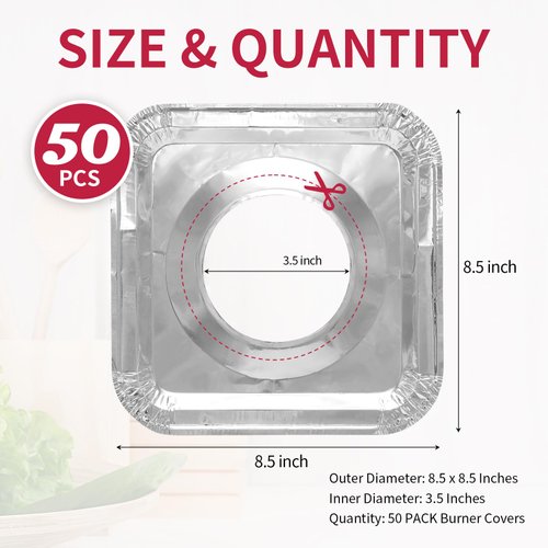COZZIVITA Aluminum Gas Stove Burner Covers -Thicker Foil Square Burner Liners - Disposable Gas Range Protectors, 50 Pack（Outer diameter: 8.5 x 8.5 inch）