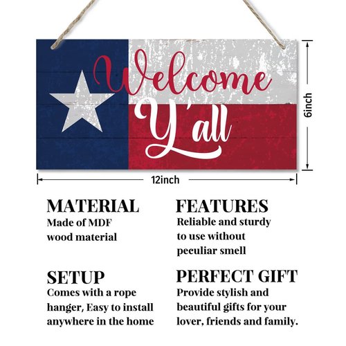 Welcome Y'all Decor Sign, Hanging Wood Sign Home Decorative, Printed Wood Wall Art Sign, Wooden Hanging Sign, Texas Flag Welcome Door Hanger, Welcome Sign for Front Door, Farmhouse Porch Decor 12*6in