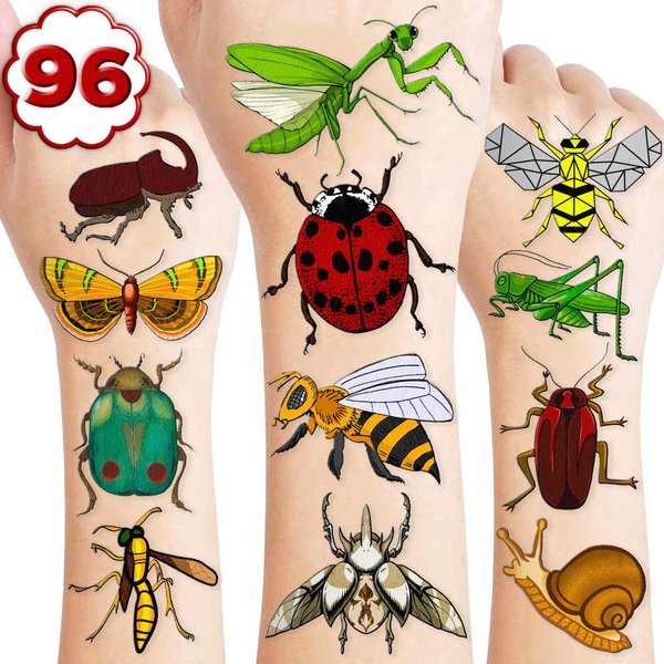 96 PCS Bug Temporary Tattoos Themed Summer Spring Birthday Party Decorations Favors Supplies Decor Lady Bugs Caterpillar Insect Tattoo Stickers for Kids Toddlers Cute Gifts School Prizes