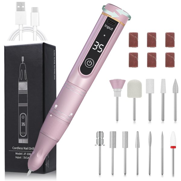Cordless Nail Drill, 35000RPM Professional Efile Nail Drill Machine, LCD Display Rechargeable Portable Electril Nail Drill with 12pcs Bits and 6pcs Sanding Bands for Acrylic Nails Gel Polish Remover