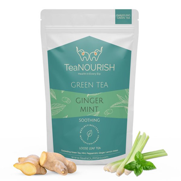 TeaNOURISH Ginger Mint Green Tea | Relaxing & Calming | Premium Darjeeling Loose Leaf | Immune Support Tea for Daily Wellness | 50 Cups Hot Tea or Iced Tea - 3.53oz/100g