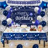 Navy Blue Birthday Decorations for Men Boys Women Girls, Blue and Silver Party Decorations with Happy Birthday Banner Backdrop Tablecloth Blue Star Balloons Silver Fringe Curtains Party Supplies