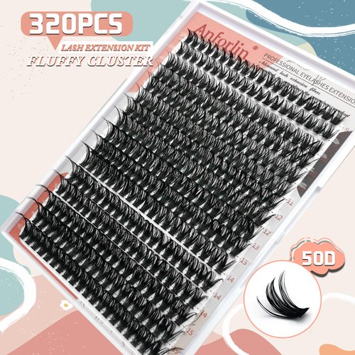 Fluffy 50D Cluster Eyelash Extensions Thick DIY Lash Clusters 320Pcs 9-15mm Individual Lashes D Curl False Mink Eyelashes for Beginners Self Application DIY at Home, by Anforlin