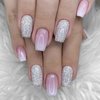 BAOYAALIN French Gradient Pink White Press on Nails Short Medium Coffin Ombre Fake Nails with Glitter Design Glue on Nails for Women Girls Acrylic Ballerina False Nails Stick on Nail for Wedding 24Pcs