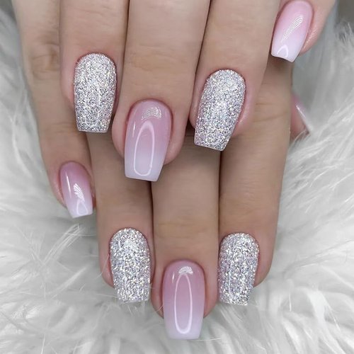 BAOYAALIN French Gradient Pink White Press on Nails Short Medium Coffin Ombre Fake Nails with Glitter Design Glue on Nails for Women Girls Acrylic Ballerina False Nails Stick on Nail for Wedding 24Pcs