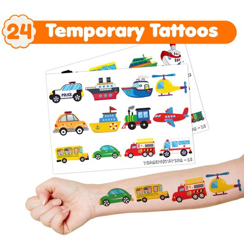 36PCS Transportation Party Favors 24 Tattoos Sticker 12 Stamp Set - Ideal Car Train Plane Themed Birthday Card Decorations Supplies Goodie Bag Cute Rewards for Boys Classroom Gifts Baby Shower Prizes
