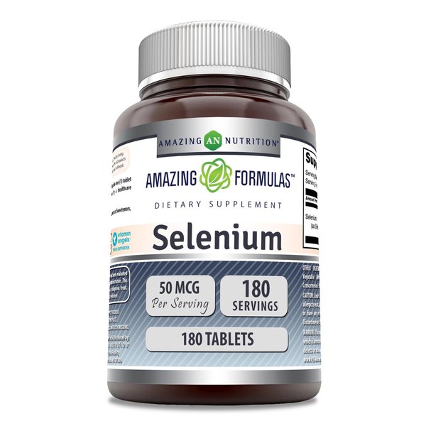 Amazing Formulas Selenium * 50mcg Natural Selenium Yeast * 180 Tablets (Non-GMO) Per Bottle * Promotes Cell Health, Immune Function, Cardiovascular Health and Healthy Thyroid Function and