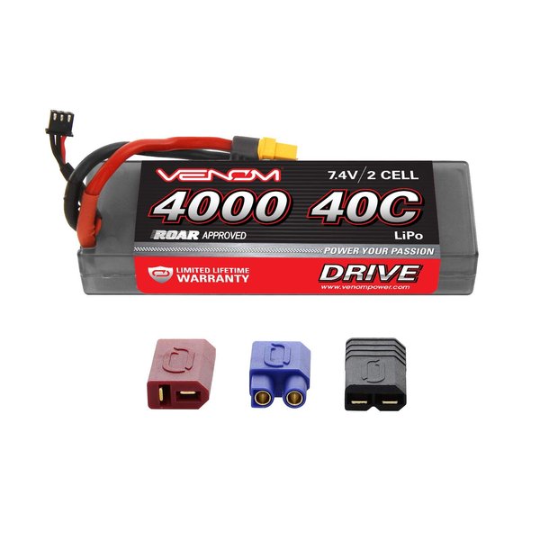 Venom Drive Series 40C 2S - 4000mAh 7.4V LiPo RC Battery - Universal 2.0 Plug, Lithium Polymer 2 Cell - Soft Silicone Connector & Compatible w/Traxxas, Deans, EC3, 2WD, 4WD, Truck & Buggies