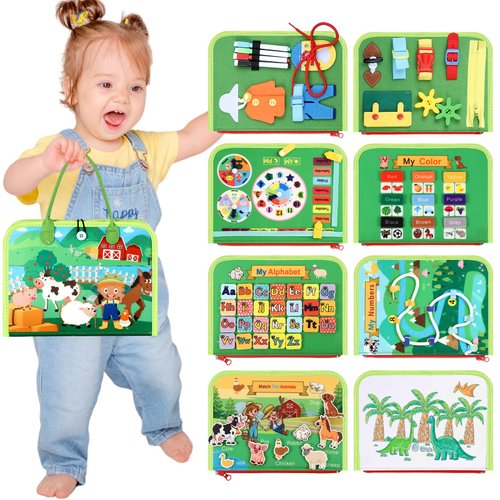 lanjue Toddler Busy Board, Montessori Toys for 3+ Year Old Boys Girls Birthday Gifts, Busy Book Sensory Board Learning Educational Activities for Toddlers 3+, Travel Toys for Airplane Car (Farm)