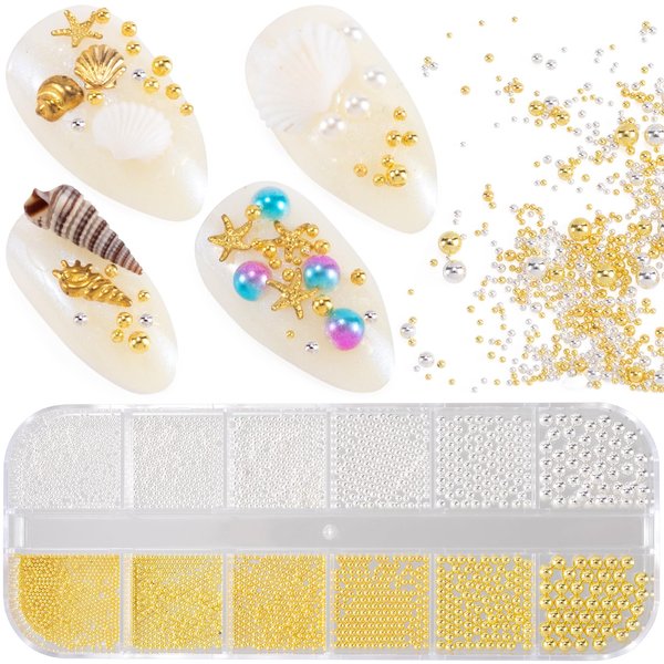 HINZIC 1 Box 3D Nail Art Pearls Mixed Sizes Mini Caviar Beads Gold Silver Rhinestones Charm Wedding Prom Nail Rivets Jewelry Make up Decoration for Women Girls