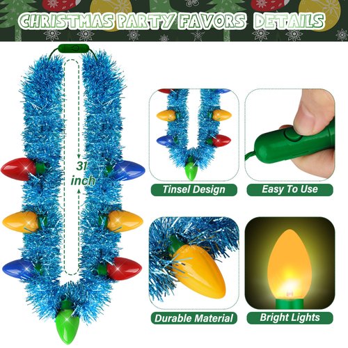Light up Christmas Necklace, 3PCS Tinsel Christmas Necklaces Accessories, 7 Bulb Red Yellow Blue Green Necklaces Party Supplies, 3 Modes Necklace Accessories for Xmas Ugly Sweater New Year Bulk