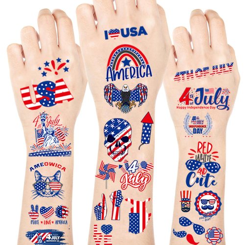 4th of July Temporary Tattoo 10 Sheet Unique Images Independence Day Tattoo Stickers American Flag Eagles Hat Balloons Design Tattoos Memorial Day Body Face Art Sticker Supplies
