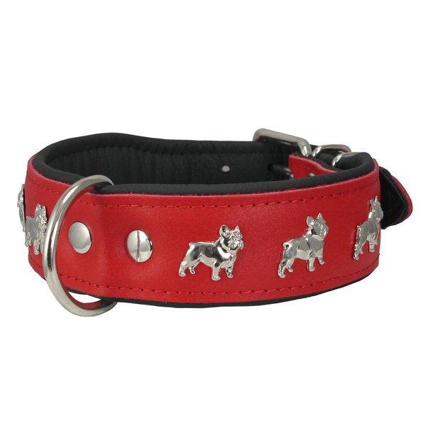 Real Leather Soft Leather Padded Dog Collar Bulldog (15"-17.5" Neck; 1.75" Wide, Red/Black)