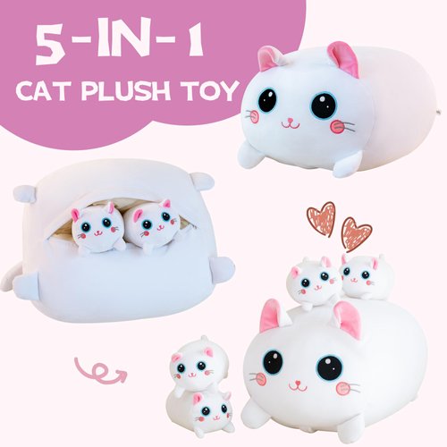 Gudisi Cat Plush, Cute White Cat Stuffed Animals Mommy with 4 Kitties Plushies in Tummy,16" Soft Jumbo Cat Plush Pillow Toy Gifts for Girls Boys