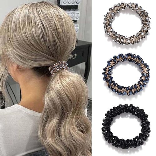 Fashey Pearl Hair Ties Rhinestone Ponytail Holder 3 Pcs Beaded Hair Scrunchies Elastic Hair Bands Hair Accessories for Women and Girls (silver,black,dark blue)