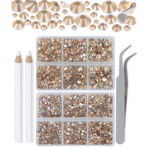 LPBeads 6000 Pieces Champagne Non Hotfix Rhinestones 6 Sizes Round Crystal Glass Flat Back Rhinestones with Tweezers and Picking Pen for Nail Art Crafts Clothes Bags DIY