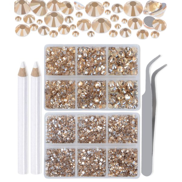 LPBeads 6000 Pieces Champagne Non Hotfix Rhinestones 6 Sizes Round Crystal Glass Flat Back Rhinestones with Tweezers and Picking Pen for Nail Art Crafts Clothes Bags DIY