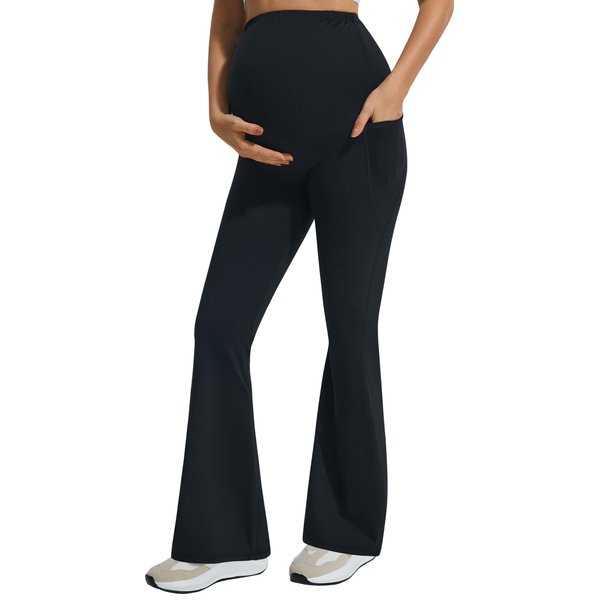 JOYSPELS Flare Maternity Leggings Over The Belly with Pockets Creamy Soft Stretchy Bootcut Pregnancy Yoga Pants Black