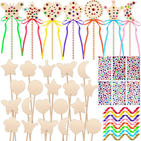 Chumia 42 Pcs Princess Fairy Wands Kit Include 28 Wooden Princess Wand, 6 Gem Stickers, 8 Ribbons, Princess Birthday Party Supplies, Unfinished DIY Moon Butterfly Make Your Own Princess Wand