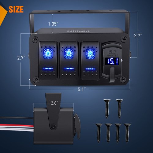 Nilight 3 Gang Rocker Switch Panel Blue Backlit with PD Type C and USB Charger Voltmeter Waterproof 12V 24V DC Rocker Switch with Night Glow Stickers for Car Trucks Boats RVs,2 Years Warranty,Blue/Box