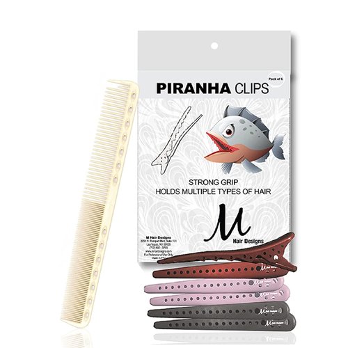 YS Park 339 White Basic Cutting Comb and M Hair Designs Piranha Hair Clips Assorted Colors (Bundle 2 items)