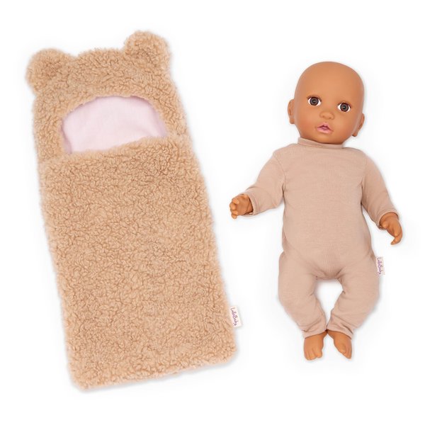 LullaBaby – 14-inch Realistic Baby Doll – Ultra-Soft Bear-Themed Cuddler – Olive Skin Tone & Brown Eyes – Pretend Play – Toys For Kids Ages 2 & Up – Baby Doll & Cuddler Set