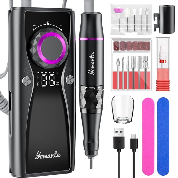 Yomanta Electric Nail Drill Professional Kit: 35,000 RPM USB Rechargeable Efile Nail Drill Nail File with 12 Bits for Polishing Gel/Acrylic Nails- Portable Manicure Tool Set for Salon/Home-Purple