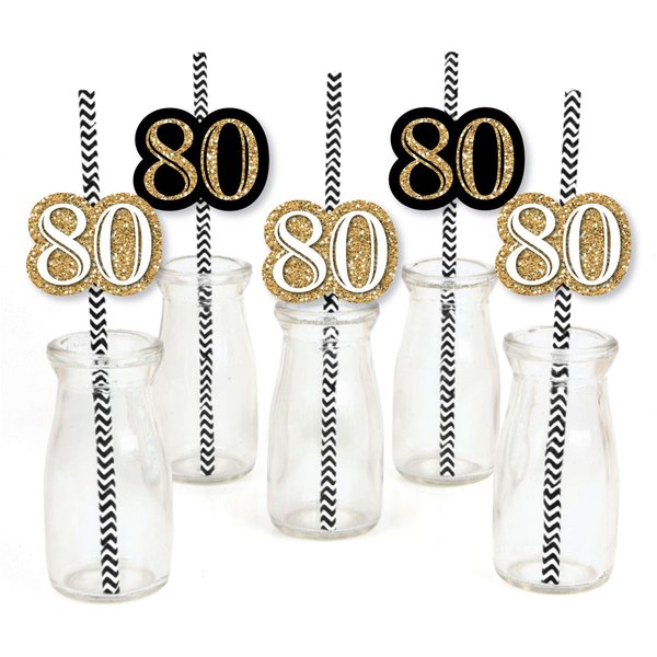 Adult 80th Birthday - Gold - Paper Straw Decor - Birthday Party Striped Decorative Straws - Set of 24