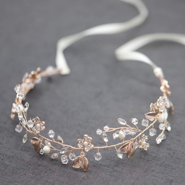 Oriamour Bridal Headpiece Wedding Crystal Headband With Leaves and Freshwater Pearl Hair Accessories For Bride Flower Girl (Rose Gold)