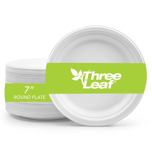three leaf 7" BAGASSE ROUND PLATE, 50 Ct. Heavy-Duty- Super Strong- Natural- Eco-Friendly Disposable Bagasse Plates, 100% Biodegradable Eco-Friendly,Bagasse 7 inch Plates