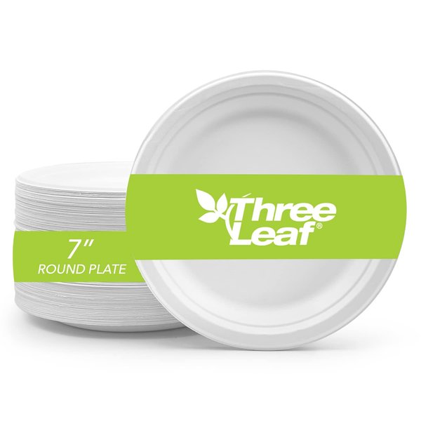 three leaf 7" BAGASSE ROUND PLATE, 50 Ct. Heavy-Duty- Super Strong- Natural- Eco-Friendly Disposable Bagasse Plates, 100% Biodegradable Eco-Friendly,Bagasse 7 inch Plates