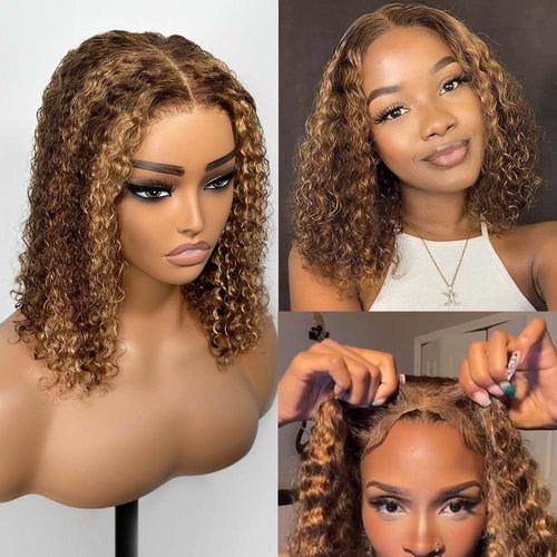 Smilegirl Honey Blonde Glueless Bob Wigs Human Hair Pre Plucked Pre Cut Highlight Wear and Go Glueless Curly Wigs for Black Women Ombre 5x5 HD Lace Closure Wig 200 Density (14 Inch)