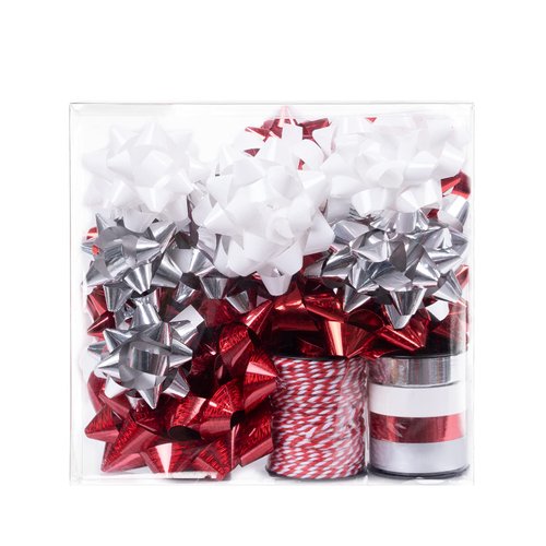WRAPAHOLIC 16 Pcs Gift Bows Assortment - 14 Multi Colored Assorted Size Gift Bows (Red, Silver, White), 1 Crimped Curling Ribbons and 1 Cotton Twine, Perfect for Christmas, Holiday, Party