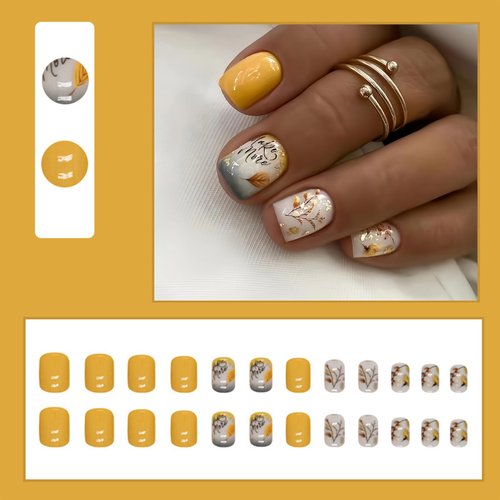 24Pcs Fall Nails Press on Nails Short Square Fake Nails Thanksgiving Acrylic Nails with Gold Foil Leaf Letter Design Glue on Nails Autumn Full Cover Stick on Nails Maple Leaves Acrylic Nails for Women