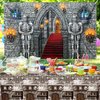 GCTWFYK 2 Pcs Medieval Party Decorations, Medieval Scene Setter Set, Castle Backdrop with Halloween Brick Stone Wall Tablecloth, Knight Themed Castle Decorations for Party Table Wall Decor