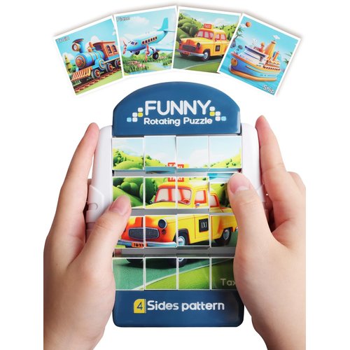 Fullware 16-Piece Rotating Puzzles for Kids 4-6, Toddlers Puzzles 2-4, Road Trip, Airplane Activities Game, Travel Toys - Brain Teaser, Fine Motor Skills, Birthday Gifts Boys & Girls - Transportation