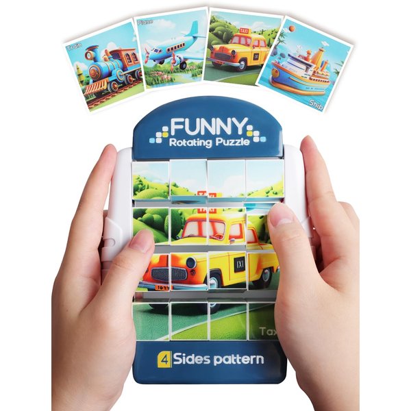 Fullware 16-Piece Rotating Puzzles for Kids 4-6, Toddlers Puzzles 2-4, Road Trip, Airplane Activities Game, Travel Toys - Brain Teaser, Fine Motor Skills, Birthday Gifts Boys & Girls - Transportation