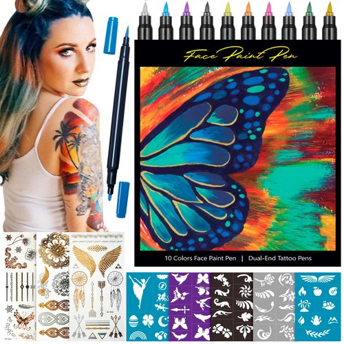 Temporary Tattoo Markers for Skin - Dual Tip Temporary Tattoo Pen 10 Body Markers with Tattoo Stencils and Stickers Tattoo Pens for Skin Temporary Body Art for Kids Adults Cool Gifts for Teen Girls