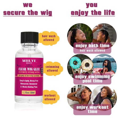 Clear Wig Glue 1.7oz/50ml with Wig Band, Wig Caps |Swimming Allowed| Waterproof Extremely Strong Hold Lace Glue for Wigs, Wig Installation Glue Kits (1.7oz Wig Glue kit)
