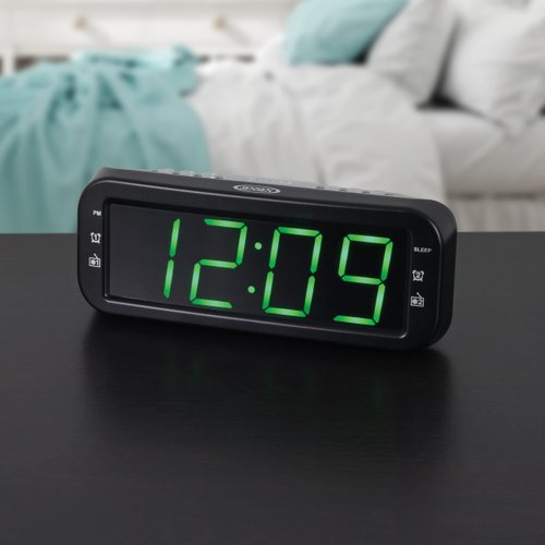 JENSEN JCR-206 Digital AM/FM Dual Alarm Clock Radio, Simple, Sleek Design with Large 1.8” Green LED Display, Aux Input, and Built-in Speaker