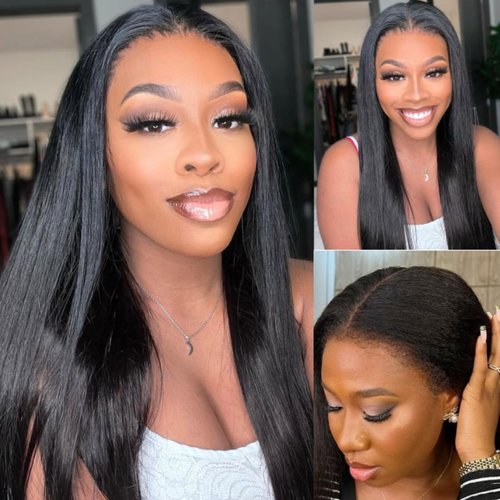 Nadula Yaki Straight Bye Bye Knots Glueless Wig Kinky Edge Hairline 7x5 Pre Cut Lace Front Wigs Human Hair Pre Plucked Pre Bleached 3S Ready to Go Pre Everything Glueless Wig 150% Density 14inch