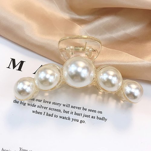 Pearl Hair Claw Elegant Big Pearl Hair Claw Clips for Women and Girls Geometric Pearl Rhinestone Strong Non-Slip Hold Hair Jaw White Acetate Hair Claws Clips Accessories for Thick and Thin Hair